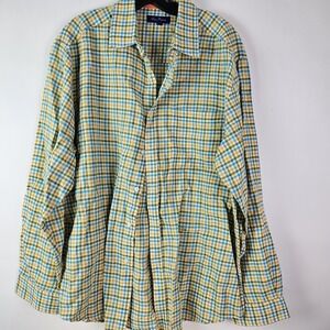 Alan Flusser Shirt Mens L Linen Casual Button‎ Yellow Blue Plaid Long Sleeve